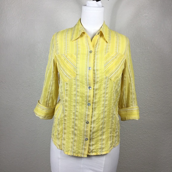 Chicos Women Blouse Size M Linen Blend 3/4 Sleeve Yellow  sheer Top Shirt - Picture 4 of 10